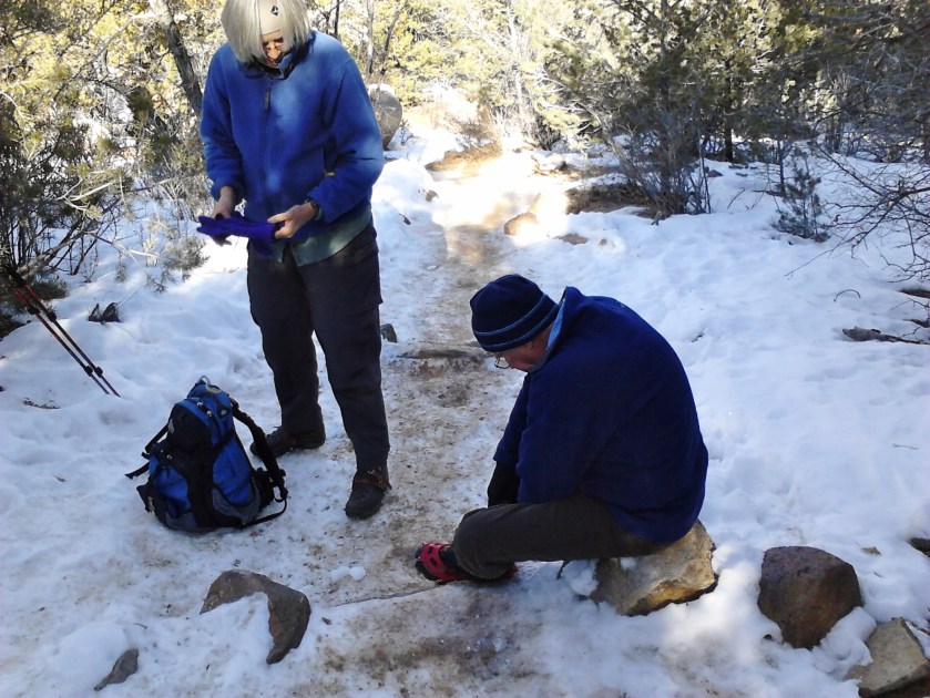 Reaching icy sections and stopping to put on YakTrax.