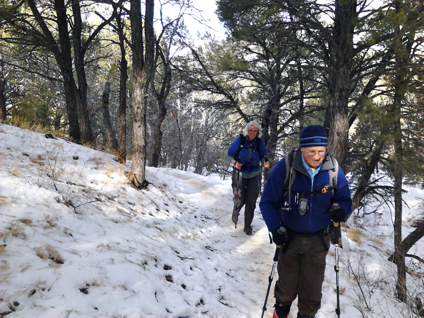 Trudging along through the snow.