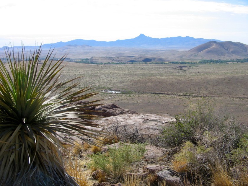 Looking southeast from top of Table Top.  Mimbres River (mostly dry) and Cooke's Peak in the distance.