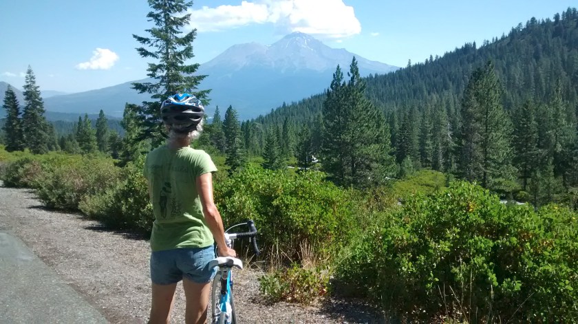 Looking back at Mount Shasta on road up to Castle Lake.