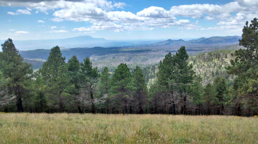 View south towards Frijoles Canyon and Bandelier National Monument Visitor Center.