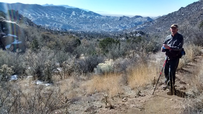 Looking south at snow on northern slopes of Manzanitos.
