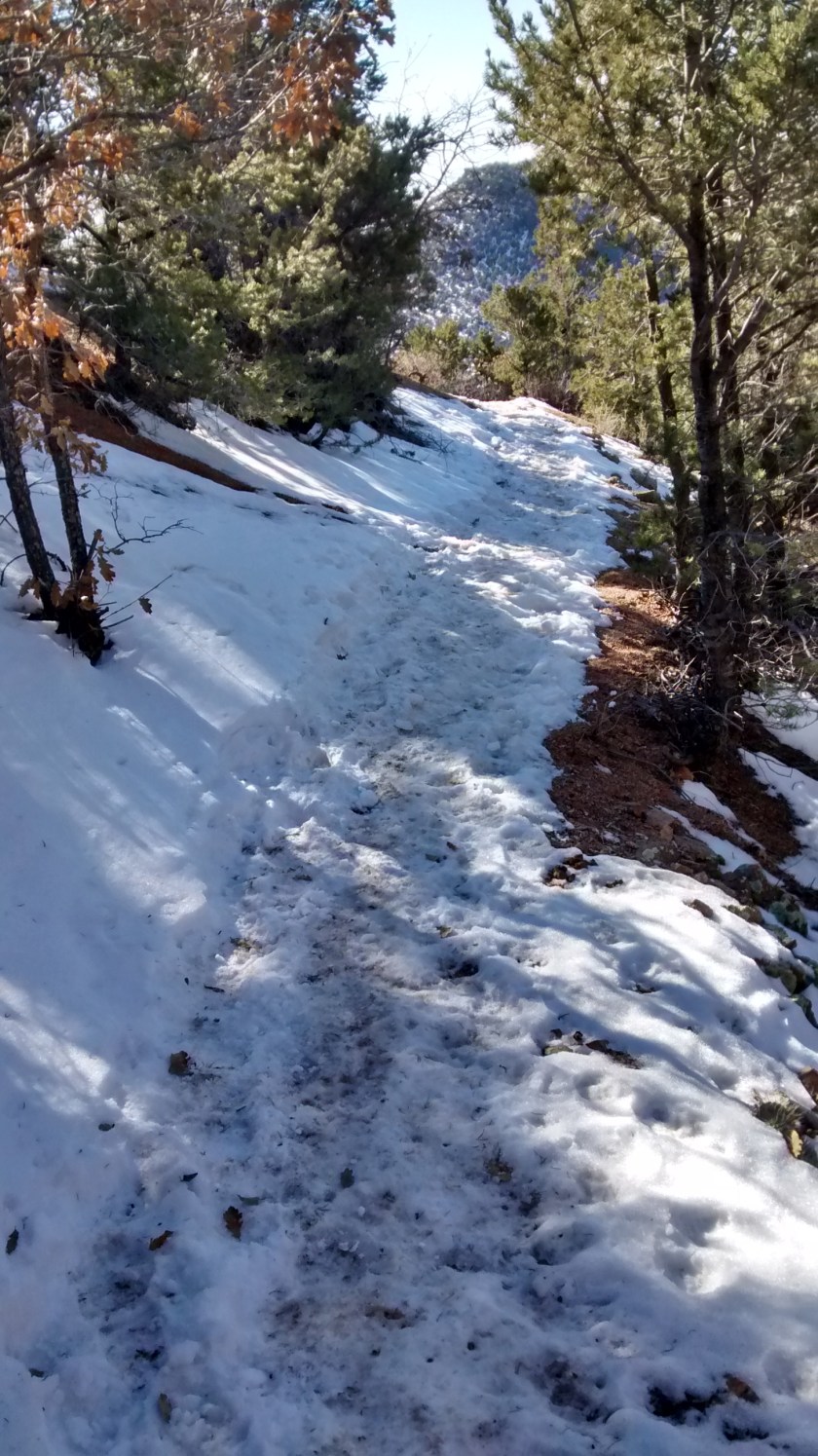 Some leftover snow on Three Gun Spring Trail at higher elevations.