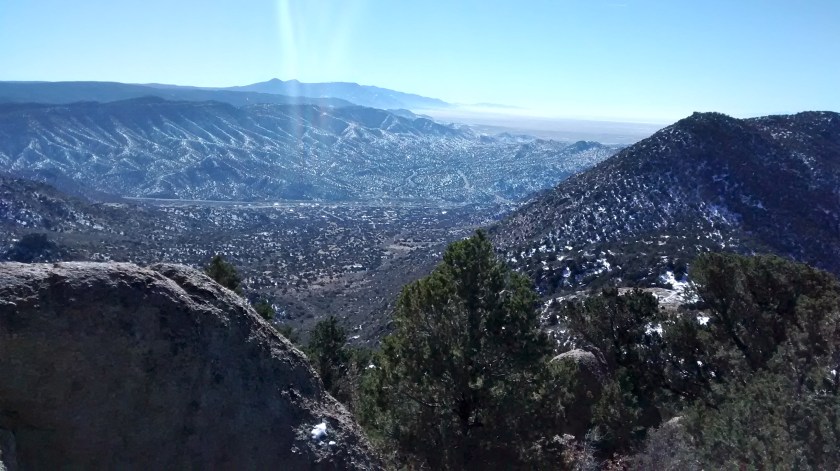 Looking south at Interstate 40 where it passes through Tijeras Canyon.