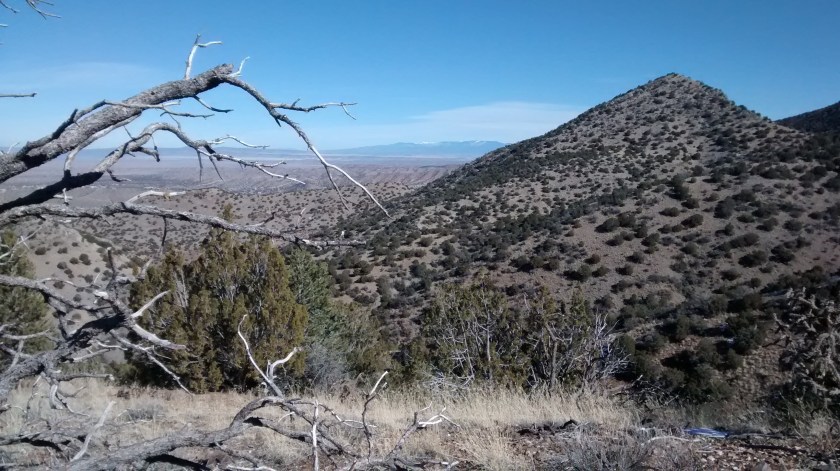 View north towards Santa Fe and Sangre de Cristo Mts on far horizon.