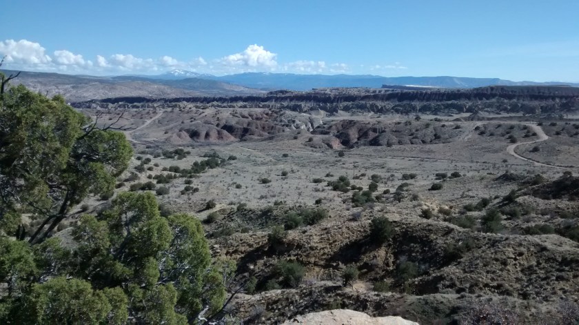 Looking northeast towards Cerro Grande peak.  Strip of white to the right is the White Mesa hiking area.