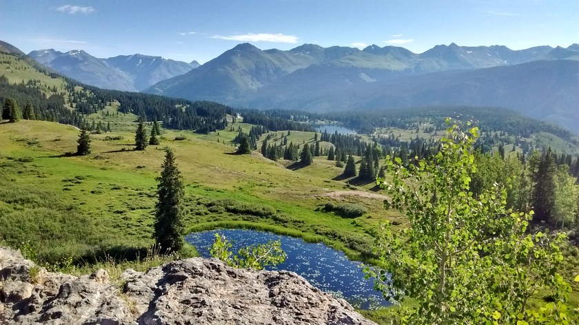 View from Molas Pass.  Hwy 550 is in the upper left corner and Silverton is around the curve in the valley to the left.