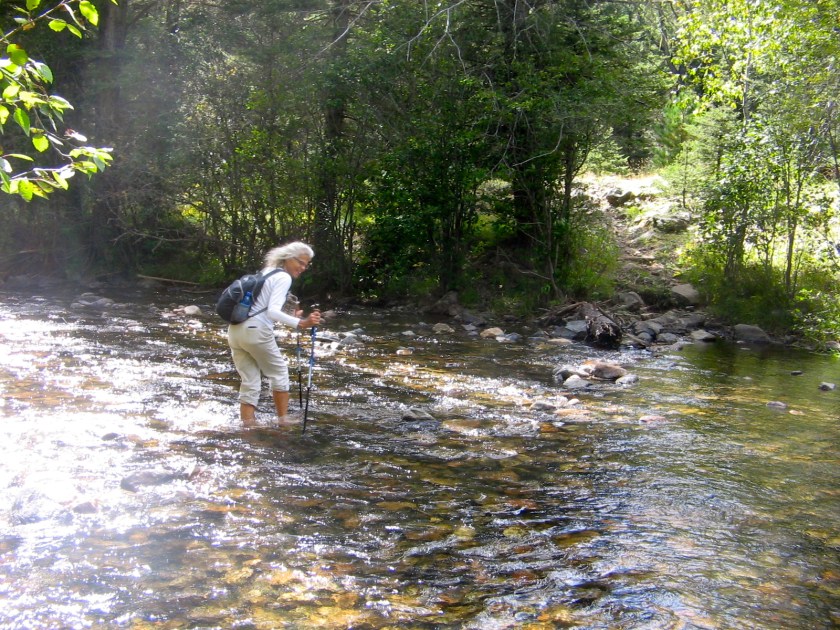 Wading across Rio Mora.