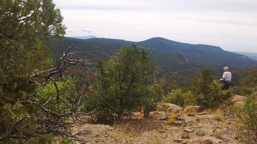 Ridgeline viewpoint looking over Paliza Canyon.  Sandia Mountains in far distance.