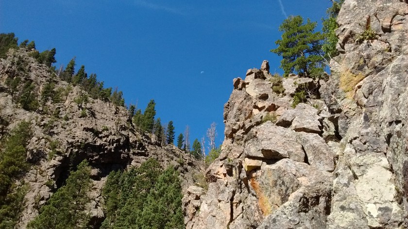 Sky so blue and clear the moon was visible. Two hours later on our way down it was black with rain clouds. Fortunately, we had rain gear as it rained and hailed for the last 1 1/2 hours of hiking.